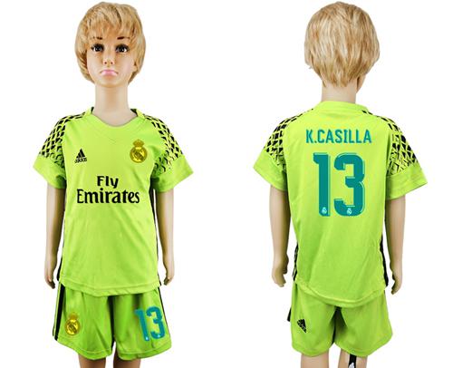 Real Madrid #13 K.Casilla Shiny Green Goalkeeper Kid Soccer Club Jersey - Click Image to Close